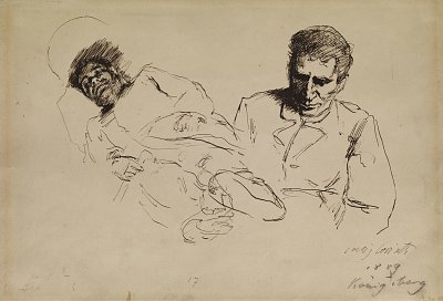 Tuschskizze Maennliches Halbportrait und Nach links liegender Mann von Lovis Corinth als Kunstdruck auf Leinwand