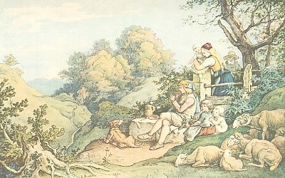 Fruehlingslandschaft mit Hirten Abendfrieden von Ludwig Richter als Kunstdruck auf Leinwand