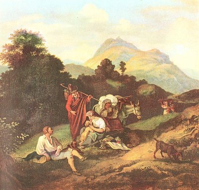 Italienische Landschaft mit ruhenden Wandersleuten von Ludwig Richter als Kunstdruck auf Leinwand
