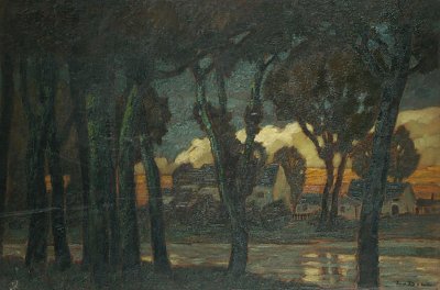 Eine bewaldete Flusslandschaft mit abseits stehenden Häusern von Ludwig-Dill als Kunstdruck auf Leinwand