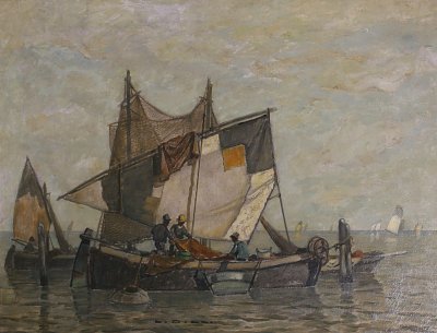 Fischer auf ihren Booten von Ludwig Dill als Kunstdruck auf Leinwand