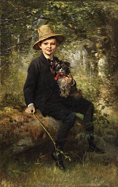 Bildnis eines Knaben mit Hund im Wald von Ludwig-Knaus als Kunstdruck auf Leinwand