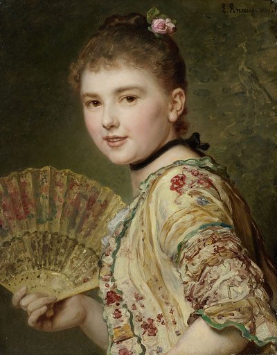 Edle junge Dame mit einem Fächer_ La Coquette von Ludwig Knaus als Kunstdruck auf Leinwand