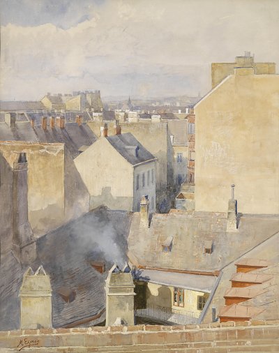Blick aus dem Atelier in der Klagbaumgasse im 4 Bezirk von Marie Egner als Kunstdruck auf Leinwand