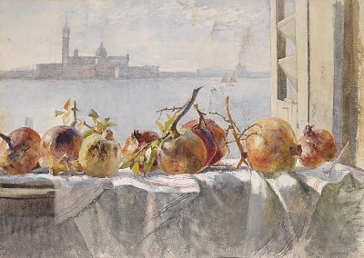 Granatäpfel auf einer Fensterbank dahinter Venedig von Marie Egner als Kunstdruck auf Leinwand
