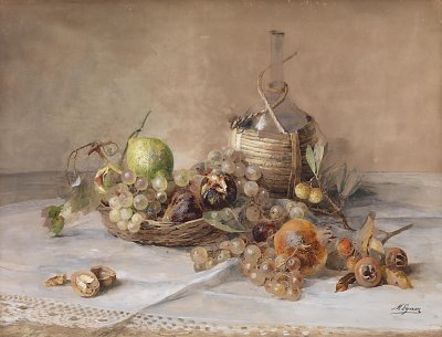 Stilleben mit Obst und Chiantiflasche von Marie Egner als Kunstdruck auf Leinwand