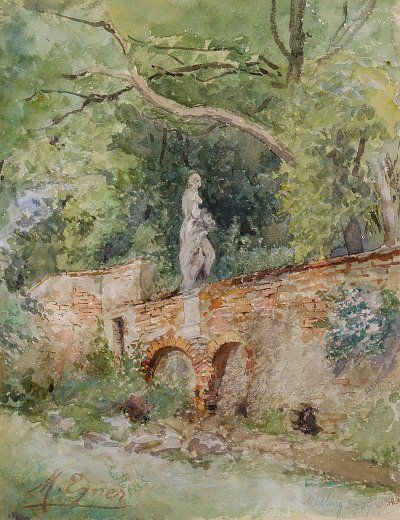 Ziegelbrücke mit einer Steinfigur von Marie Egner als Kunstdruck auf Leinwand