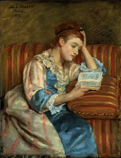 Mrs. Duffee Seated on a Striped Sofa von Mary Cassatt als Kunstdruck auf Leinwand