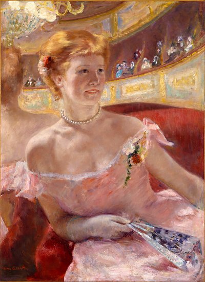 Woman with a Pearl Necklace in a Loge von Mary Cassatt als Kunstdruck auf Leinwand