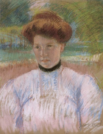 young woman with auburn hair in a pink blouse von Mary Cassatt als Kunstdruck auf Leinwand