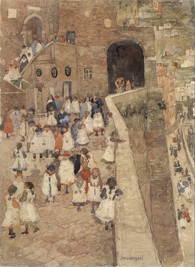 Courtyard Scene, Siena von Maurice Prendergast als Kunstdruck auf Leinwand