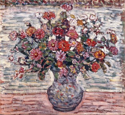 Flower in a Vase Zinnias von Maurice Prendergast als Kunstdruck auf Leinwand