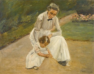 Enkelin und Kinderfrau beim Spiel im Garten von Max Liebermann als Kunstdruck auf Leinwand