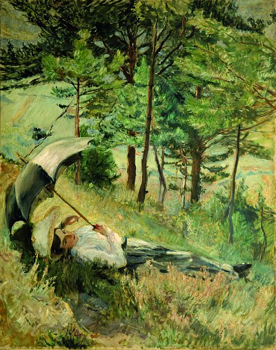 Sommermorgen Frau mit Sonnenschirrm von Max Slevogt als Kunstdruck auf Leinwand