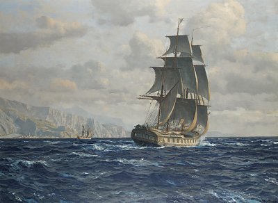 A frigate off the coast near Rio de Janeiro Brazil von Michael Zeno Diemer als Kunstdruck auf Leinwand