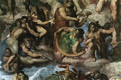 Sixtinische Kapelle Das juengste Gericht Maertyrergruppe mit Werkzeugen ihres Martyriums von Michelangelo als Kunstdruck auf Leinwand