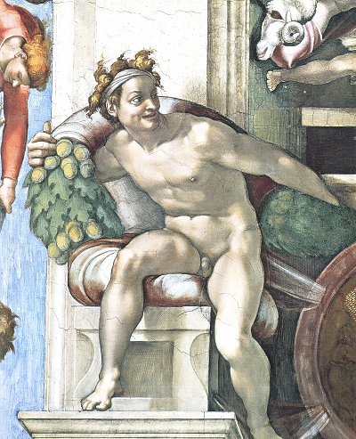 Sixtinische Kapelle Dekorative Elemente Ein Ignudo von Michelangelo als Kunstdruck auf Leinwand