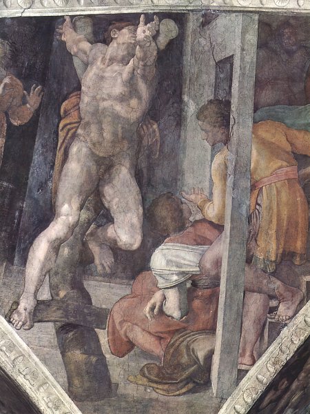 Kunstdruck Sixtinische Kapelle Kreuzigung des Hamam Detail von Michelangelo als Leinwandbild
