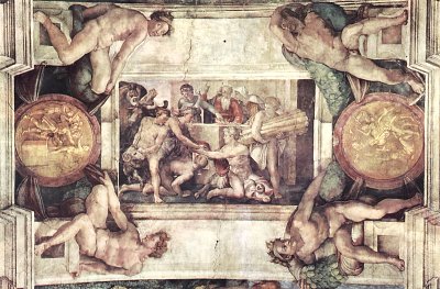 Sixtinische Kapelle Schoepfungsgeschichte Dankopfer Noahs von Michelangelo als Kunstdruck auf Leinwand