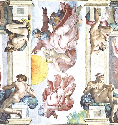 Sixtinische Kapelle Schoepfungsgeschichte Erschaffung von Sonne Mond und Sternen und Vier Ignudi von Michelangelo als Kunstdruck auf Leinwand