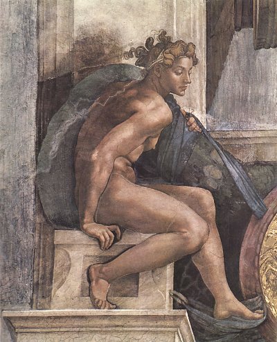 Sixtinische Kapelle Schoepfungsgeschichte Schoepfergott und Juenglinge Detail von Michelangelo als Kunstdruck auf Leinwand