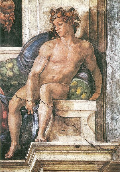 Kunstdruck Sixtinische Kapelle Sibyllen und Propheten Ignudo rechts oberhalb der Delphischen Sybille von Michelangelo als Leinwandbild