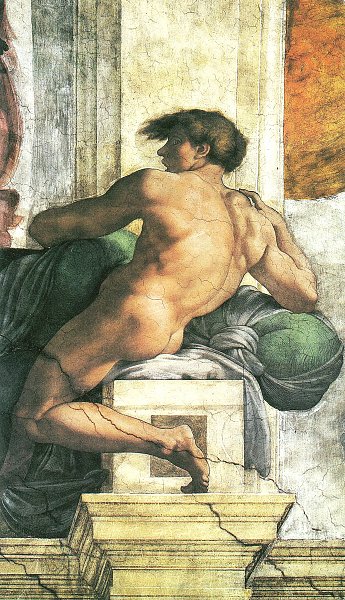 Kunstdruck Sixtinische Kapelle Sibyllen und Propheten Ignudo rechts oberhalb der Persischen Sybille von Michelangelo als Leinwandbild