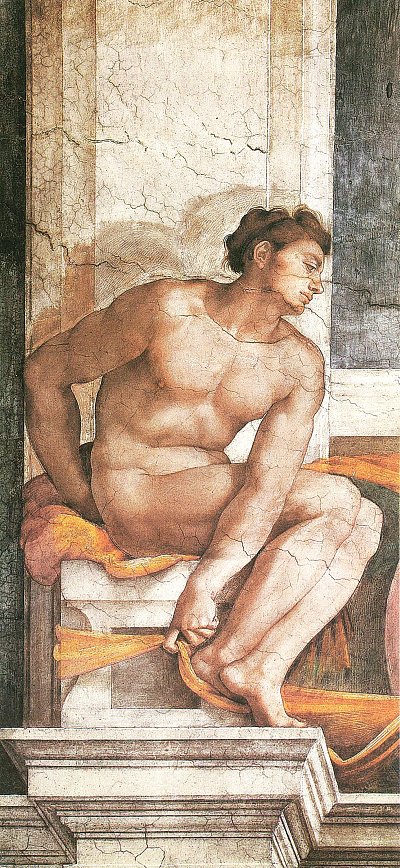 Sixtinische Kapelle Sibyllen und Propheten Ignudo rechts oberhalb des Propheten Ezechiel von Michelangelo als Kunstdruck auf Leinwand
