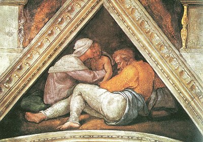 Sixtinische Kapelle Vorfahren Christi Stichkappe mit Koenig Josias als Kind und den Eltern von Michelangelo als Kunstdruck auf Leinwand
