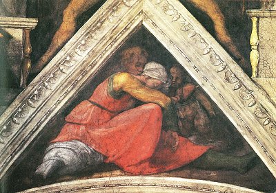 Sixtinische Kapelle Vorfahren Christi Stichkappe mit der Familie des Koenigs Asa von Michelangelo als Kunstdruck auf Leinwand