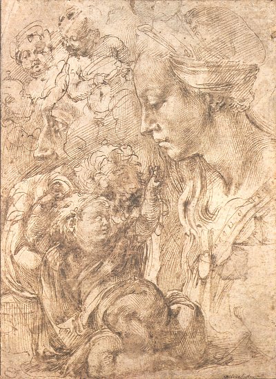 Studienblatt Madonna und Figuren von Michelangelo als Kunstdruck auf Leinwand