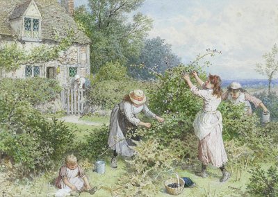Children gathering blackberries von Myles Birket Foster als Kunstdruck auf Leinwand
