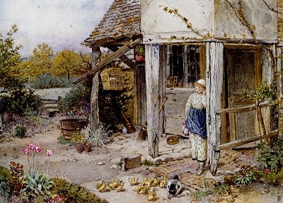 Girl Outside a Cottage von Myles Birket Foster als Kunstdruck auf Leinwand