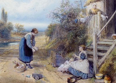 Playing With Baby von Myles Birket Foster als Kunstdruck auf Leinwand