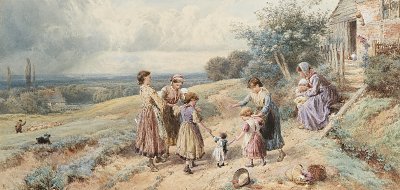 Teaching Dolly to walk von Myles Birket Foster als Kunstdruck auf Leinwand