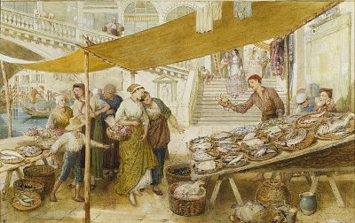 The fish market on the steps of the Rialto Bridge von Myles Birket Foster als Kunstdruck auf Leinwand
