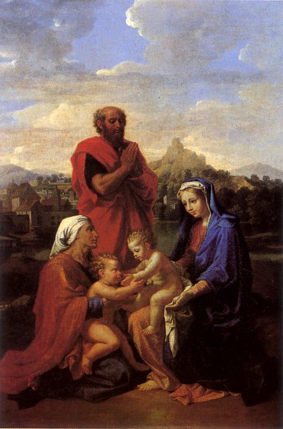 La_Sainte_Famille avec saint Jean sainte Elisabeth et saint Joseph priant von Nicolas Poussin als Kunstdruck auf Leinwand