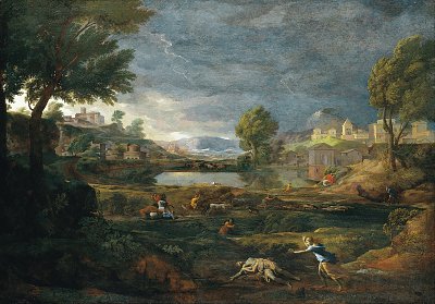 Landscape during a Thunderstorm with Pyramus and thisbe von Nicolas Poussin als Kunstdruck auf Leinwand