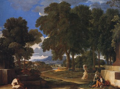 Landscape with a Man Washing His Feet at a Fountain von Nicolas Poussin als Kunstdruck auf Leinwand