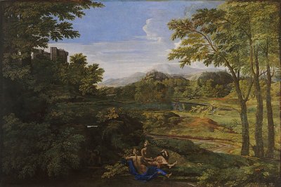 Paysage avec deux nymphes et un serpent von Nicolas Poussin als Kunstdruck auf Leinwand