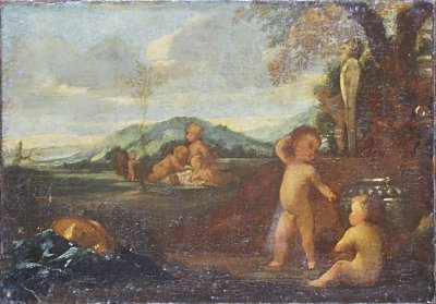 Putti in a Landscape von Nicolas Poussin als Kunstdruck auf Leinwand