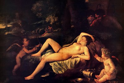 sleeping venus and cupid von Nicolas Poussin als Kunstdruck auf Leinwand