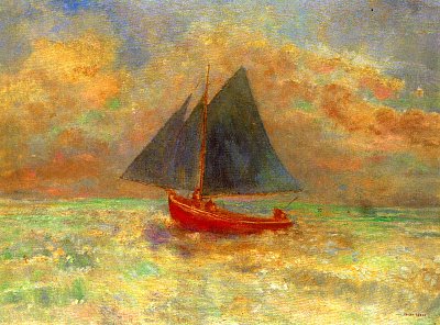 Blue Boat with a red Sail von Odilon Redon als Kunstdruck auf Leinwand