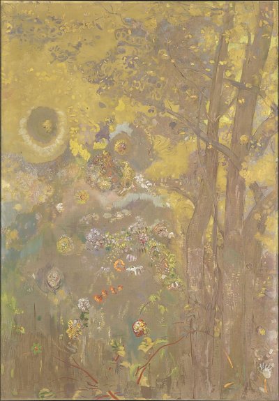 Trees on a yellow Background von Odilon Redon als Kunstdruck auf Leinwand