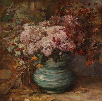 Blumenstrauss mit Crysanthemen und Ringelblumen von Olga Wisinger Florian als Kunstdruck auf Leinwand