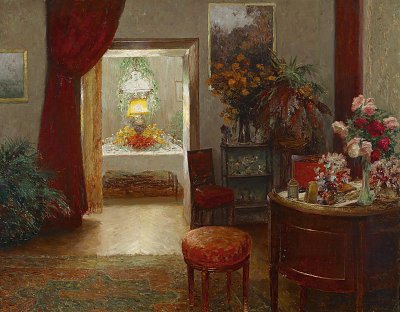 Interieur mit festlich gedecktem Tisch von Olga Wisinger Florian als Kunstdruck auf Leinwand