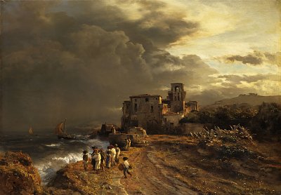 Abziehender Sturm an der italienischen Kueste von Oswald Achenbach als Kunstdruck auf Leinwand