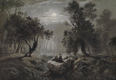 Eine romantische Waldlandschaft im Mondlicht von Oswald Achenbach als Kunstdruck auf Leinwand