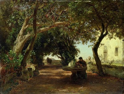 Italienischer Klostergarten von Oswald Achenbach als Kunstdruck auf Leinwand