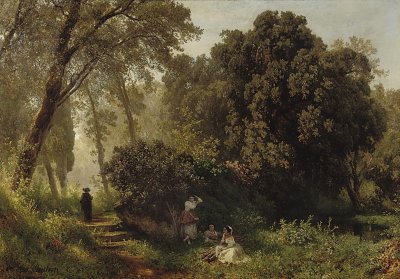 Junge Frauen rasten an einem sonnigen Weg von Oswald Achenbach als Kunstdruck auf Leinwand